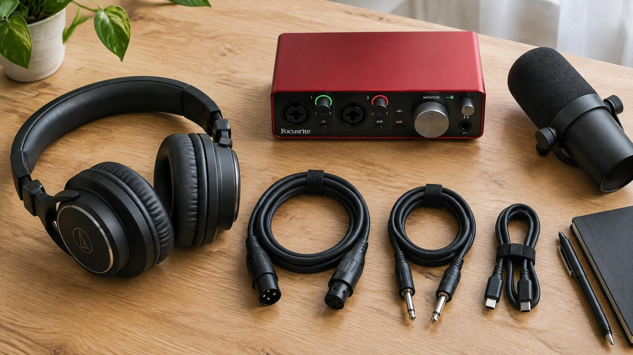 Over-ear headphones on a table with audio equipment