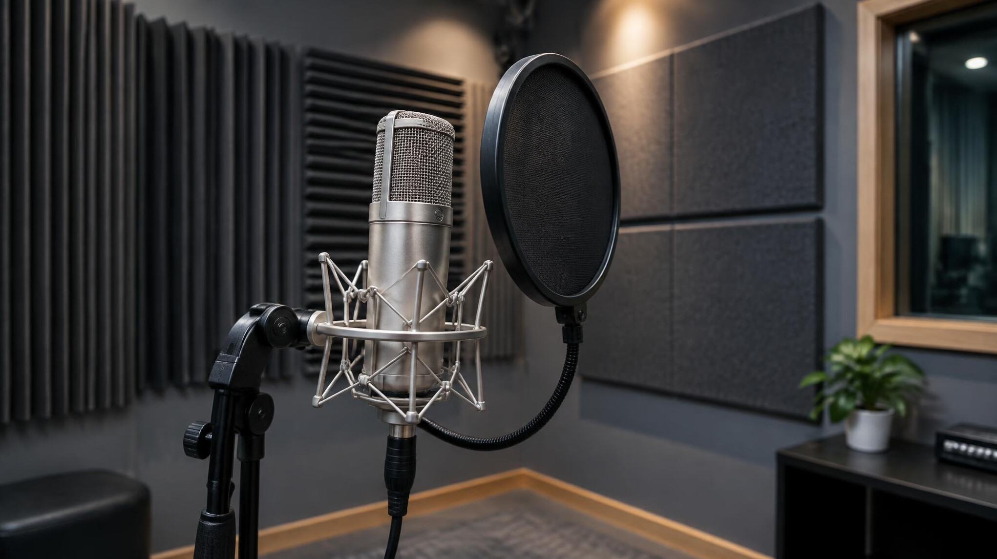 Microphone with pop filter in a soundproofed recording room