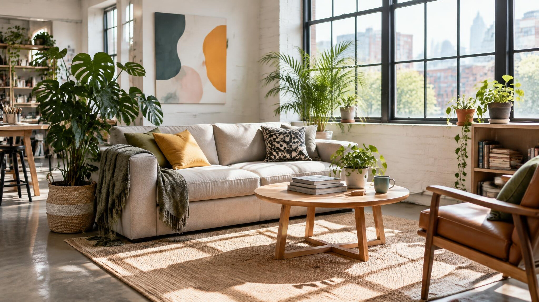 Bright welcoming creative studio space with sofa and plants