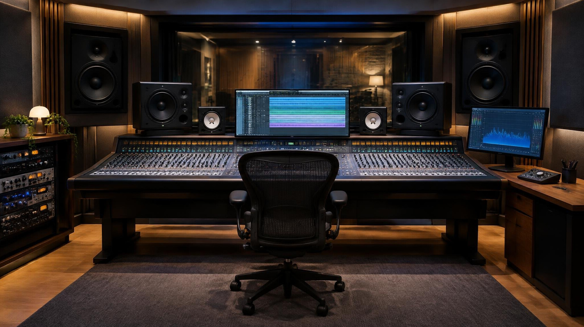 Audio control room with mixing desk and studio monitors