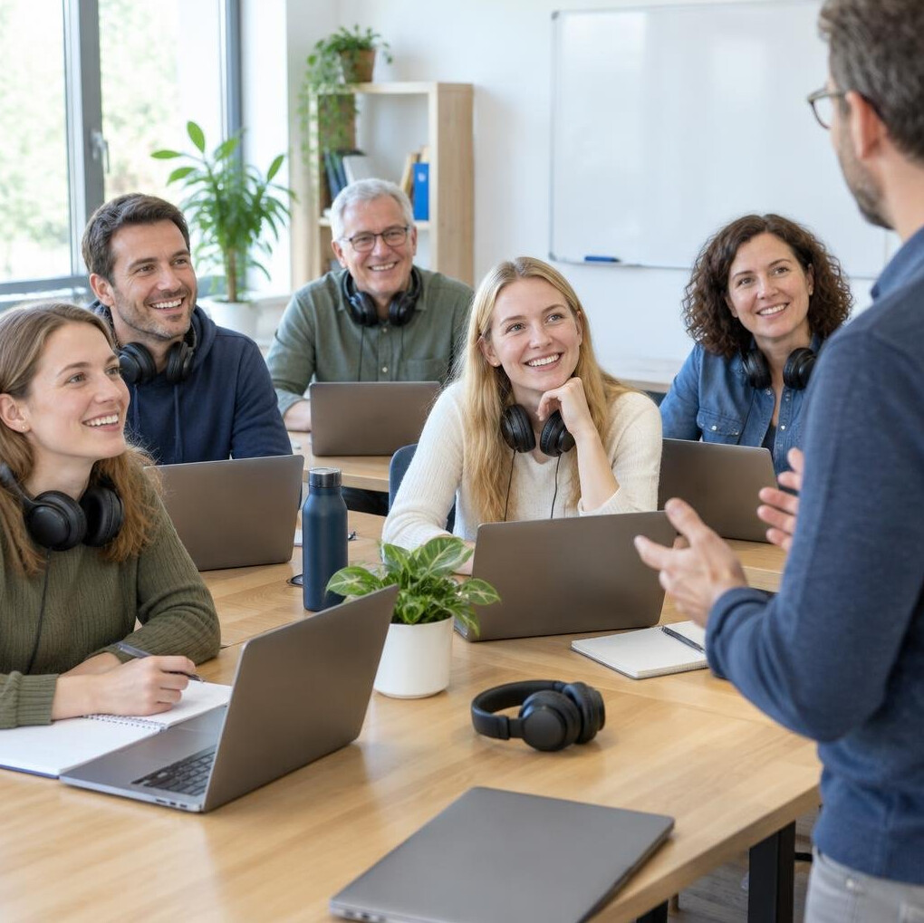 Group of adults at a workshop with laptops around a table